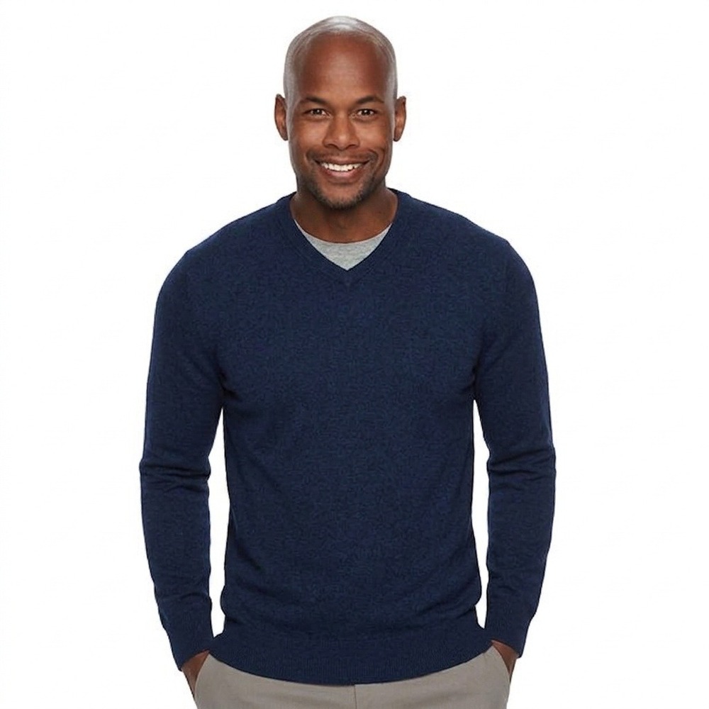 Croft & Barrow V-Neck Sweater Mens XL Navy Blue Recycled Polyester Blend